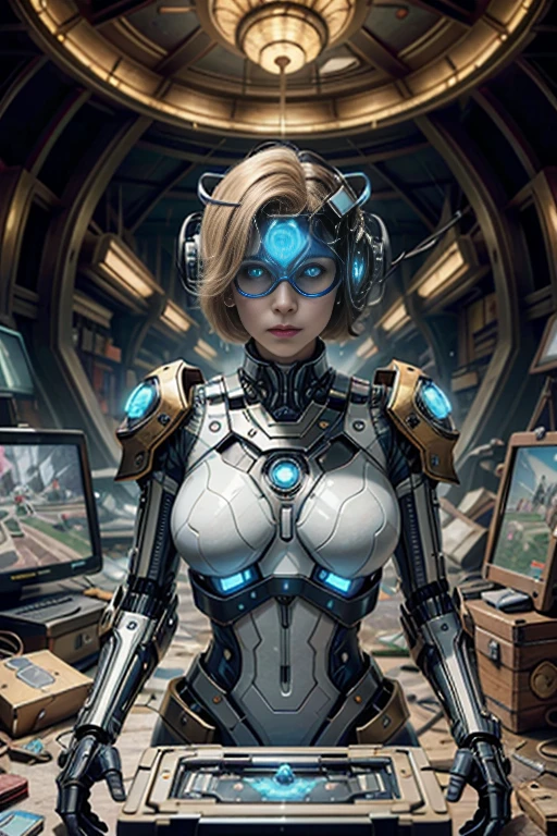 (best quality,4k,8k,highres,masterpiece:1.37), ultra-detailed, (realistic,photorealistic,photo-realistic:1.37), (aerial view), (top down perspective), 1woman, (a woman pulling a video game cartridge out of a futuristic artifact box full of retro video game cartridges:1.6), (the woman is looking at the box:1.4), (Futuristic artifact box), (the artifact box is open), (The scene unfolds inside a mystical cavern:1.4), joints, mecha, (The woman is wearing a mecha exoskeleton made with blue glass details, covering her entire body:1.5), (She has a translucent blue glass helmet visor protecting her eyes:1.4), (dynamic angle:1.37), reelmech, mechanical parts, fractal_body, (The woman's hair is made of fractal technologic components:1.4), (She has short blonde hair:1.37), (fantasy and sci-fi mixed:1.37), holographic glitch effects floats around the woman, vibrant colors, (A blue glow emanates from inside the treasure chest), glowing lights, (abandoned machinery), (there are video game cartridges and consoles on the background), mystical creatures, (there are crystal formations spreading on the background), (futuristic technology), (ancient artifacts), mystical energy, vibrant retro aesthetic, atmospheric lighting, ancient ruins, mysterious symbols, lush vegetation, interdimensional portals, nostalgic atmosphere, epic adventure, delightful surprises