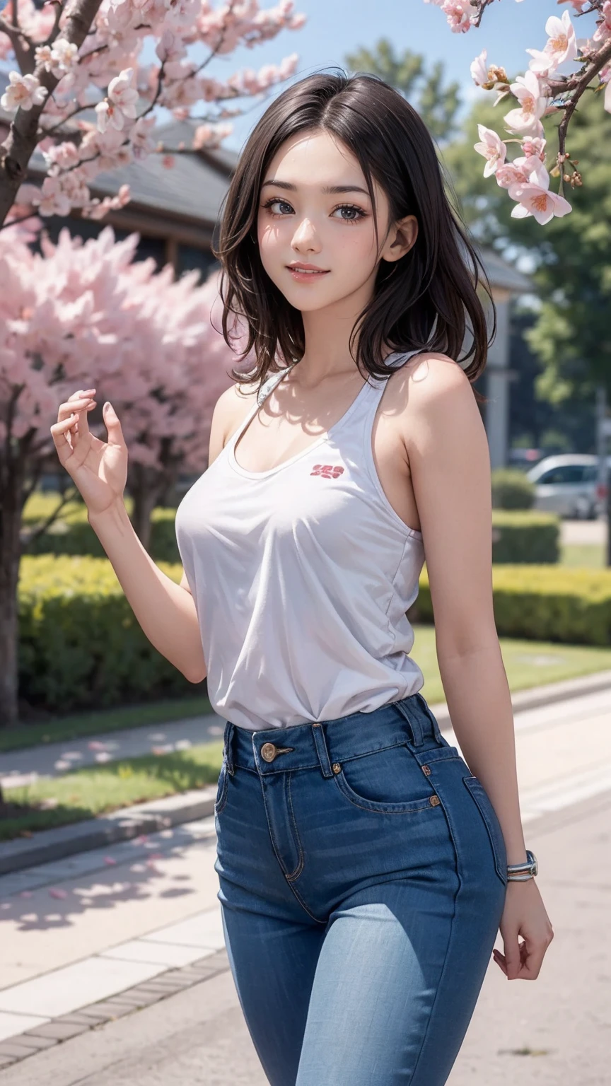 ((最high quality, 8K, masterpiece: 1.3, Ultra HD, high quality, 最high quality, High resolution, realism)) 、(high color saturation:1.0), (highly detailed skin), (最high quality:1.0), (超High resolution:1.0) ,(realistic:1.0), (Super detailed:1.0), (8K, Raw photo:1.1), slender、Slender, muscular body that&#39;s toned like an athlete&#39;s、I don&#39;t want my head to disappear from the screen.、Accessorize your wrist、Wearing red nail polish、I have a peticure、25 year old white woman、platinum blonde、long hair、hair is wavy、blue eyes、hair above one eye、smile、smile showing teeth((grin ))、Wear off-the-shoulder tops、Lower milk visible、Wear low-rise skinny jeans、At the lakeside、There is only nature around、Full bloom cherry blossoms、SakuraFubuki