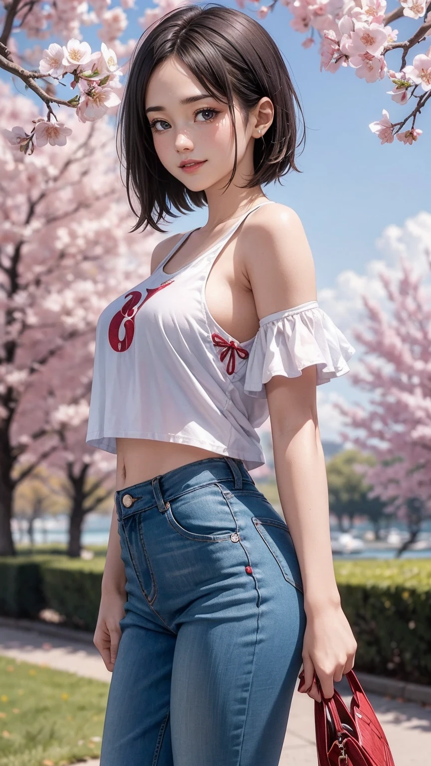 masterpiece, highest quality, RAW Photos, 8k, Super detailed, Ultra-high resolution, Ultra-high resolution, Highly detailed face, Hyperrealism, (Realistic:1.7), Sharp focus, ((1 Japan young girl)), teenager, (Mid-chest:1.5), Are standing, (Look forward:1.2), Black short hair, ((Bare-top shirt, Strapless, Off the shoulder)), (((short flared skirt,With slits))),White panties, Thin thighs, ((Slim and tall body)), Stomach, (Six Pack Abs:1.2), On the streets of a European city, Beautiful belly button, smile, Cleft lip, Front lighting, Top-Down View,Shot to the knee,(the wind is strong:1.3),