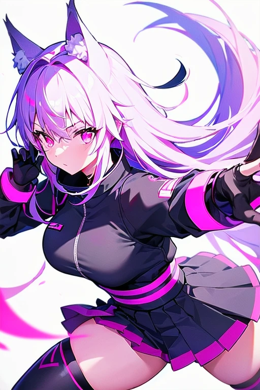 [(WHITE BACKGROUND:1.5),::5], masterpiece, best quality, extremely detailed, anime, solo, girl, skirt, wolf cut, wolf ears, wolf tail, ninja assassins, ninja cyber uniform, pink cyber neon, white hair, pink eyes, ninja weapons, 
