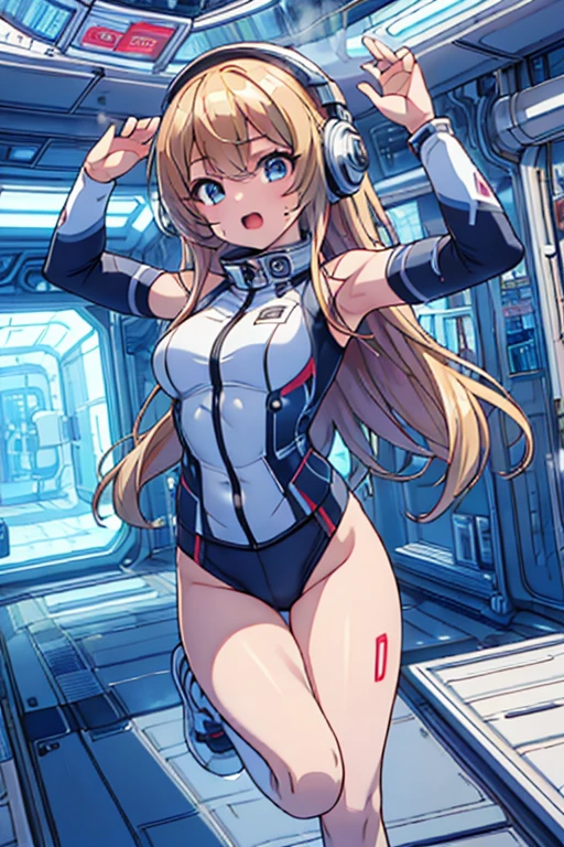top-quality,Top image quality,in 8K,4K,​masterpiece,ultra-detailliert,Beautiful,ultra-quality, best quality,high resolution, ultra-detailed,game cg,dutch angle,(acrobatic pose):5,jumping:5,(inside spacestation,)beautiful detailed eyes,five fingers,headphone,nsfw,a beauty girl,(astrovest):5,(track uniforms),wet,(steam:1.5),Running form,open open mouth,(blonde hair),(long hair):2,Navel,space_station_interior, exercise_room, futuristic, high_technology, zero_gravity_exercise_equipment, high_resolution_landscape, sleek_design, minimalistic, 8K_resolution, game_cg_style, Dutch_angle, detailed_character, track_uniform, perfect_running_form, intense_expression, detailed_eyes, determination, steam:1.5, beauty, strength, five_fingers, visible_navel, open_mouth, ultra_quality, high_resolution, ultra_detailed,astrovest