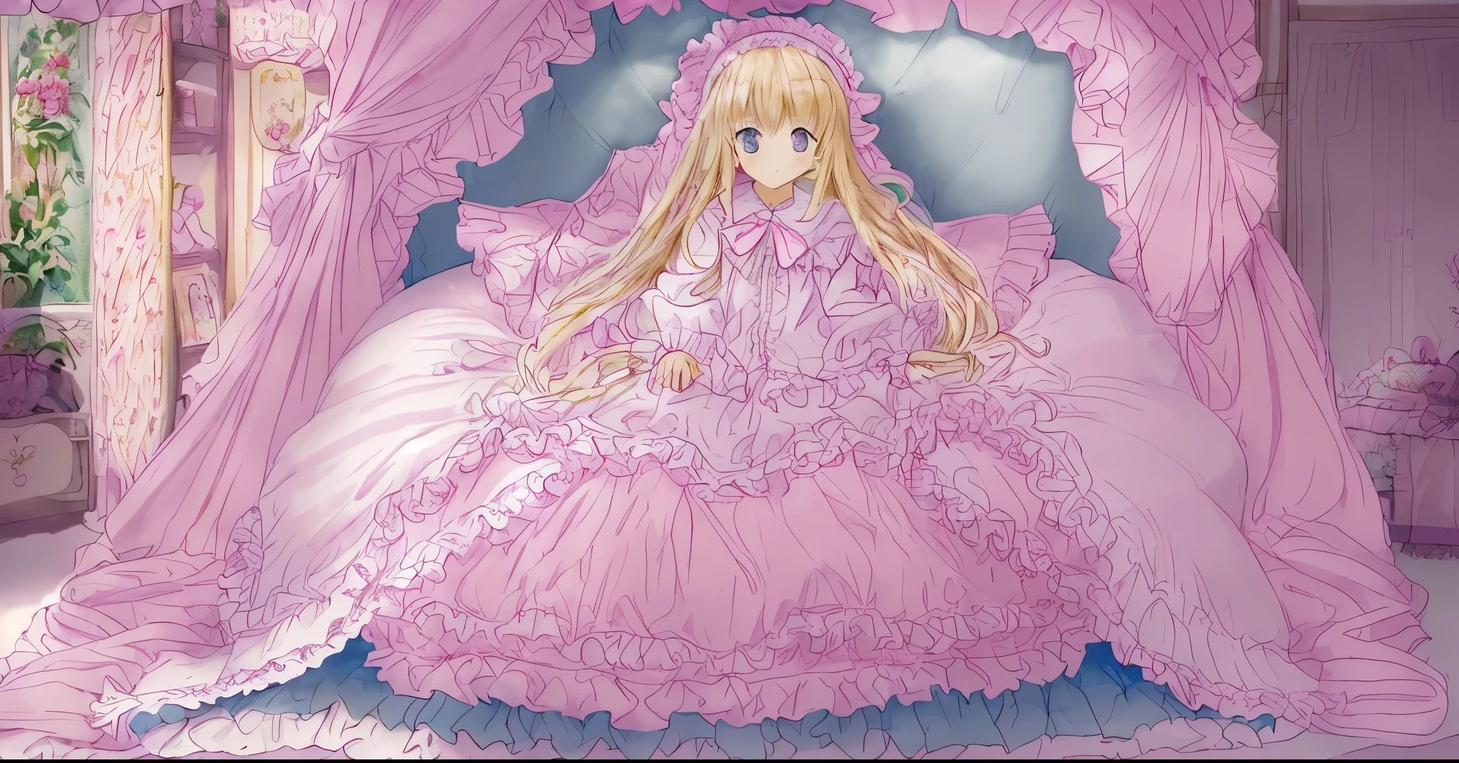 ,highest quality, masterpiece, highest resolution, artwork, super それにget used to it, many get used to it, get used to it, それにget used to it, 90s anime illustrations,(( girl)),Super detailed baby face,hty small face,long blonde hair that grows to the waist,blue eyes,白い肌のeuropean,pajamas, european,(((super long blonde hair))),curly hair,blue eyes,((((ピンクのロリータファッションのlong skirtのワンピースドレス)))),((Pink dress with lots of frills and ribbons)),((Luxurious headdress with frills and ribbons)),detailed headdress,,(((big yoke collar))),Yoke collar with ruffles and ribbons,((((long sleeve)))),ruffle sleeves,((((long skirt)))),White ruffle and lace socks,large frill and ribbon pillow,(((Nice pink outfit))),豪華なcanopy bedの上,canopy bed,The bed is surrounded by luxurious curtains,many frilly pillows on the bed,There are many frilly pillows behind the girl.,super detailed background,detailed bed,soft pink comforter,Highly detailed soft ruffle pillow,Beautiful girl illustration,detailed beautiful face,thin hair,detailed eye ,detailed eyes,detailed mouth, arm details,fine hands,Detailed pillow,wide bed,Illustration on the bed, ,((((Round futon)))),((((A large ruffled futon that covers the entire bed)))),detailed comforter,detailed bedシーツ,Before bedtime,romantic atmosphere,palace bedroom,((((The lower half of the body is hidden under the futon and the puffy skirt.....)))) The girl is leaning on a pile of pillows, ,((((Round futon)))),((((A large ruffled futon that covers the entire bed)))),
