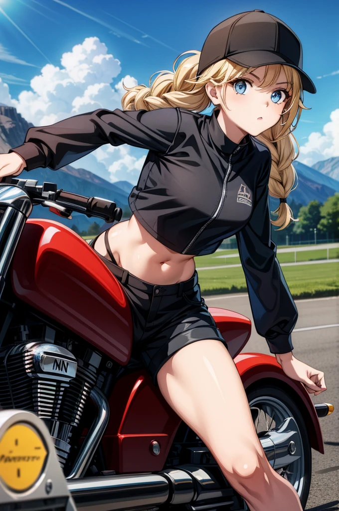 a beautiful female biker wears a red top, black cargo pants, and high heels, 1girl, ground vehicle, solo, motor vehicle, blonde hair, hat, blue eyes, outdoors, shorts, braid, baseball cap, jacket, long hair, black shorts, navel, mountain, motorcycle, twin braids, looking at viewer, black shirt, day, crop top, midriff, single thighhigh, open clothes, long sleeves, thighhighs, shirt