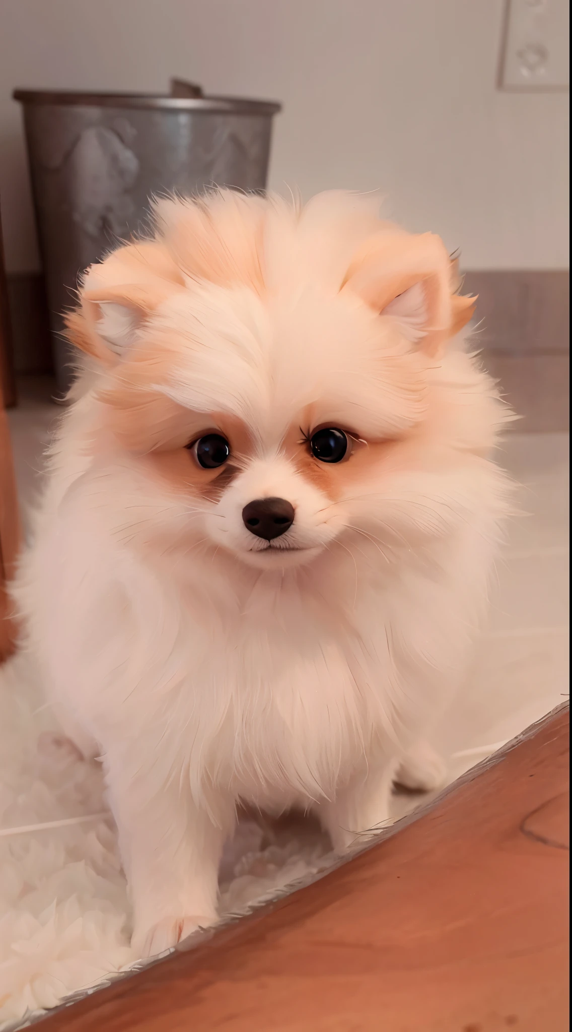 Animated poster from the Disney Pixar film of a small German spitz with white fur and a white mustache on one side and white on the other, e com manchas cor caramelo, grandes olhos negros, muito peludo