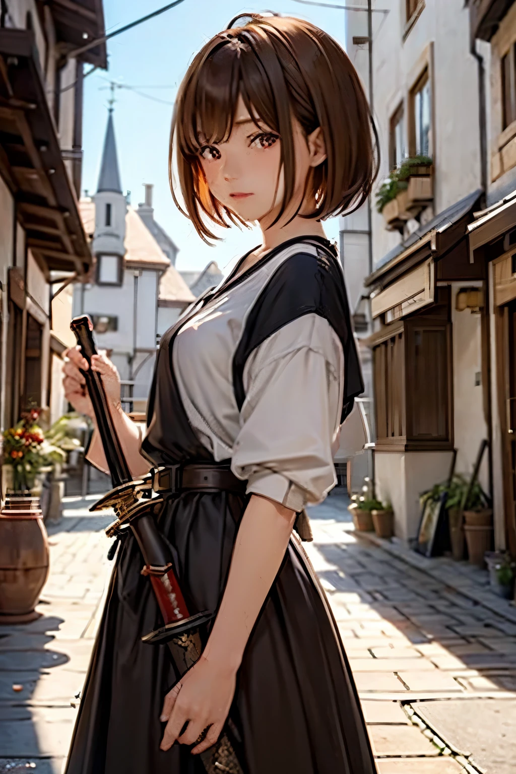 17 year old female、Brown short bob hair、red eyes、beautiful eyes、Town Girl's Clothes、A wooden sword hangs from a belt、Florist in Medieval Europe、high resolution、cinematic lighting、4K