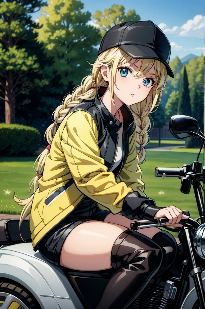 a blonde anime styled girl is sitting on a motorcycle and staring up, 1girl, ground vehicle, solo, blonde hair, motor vehicle, jacket, braid, twin braids, hat, blue eyes, long hair, outdoors, shorts, motorcycle, black shorts, looking at viewer, black footwear, tree, open clothes, black headwear, sitting