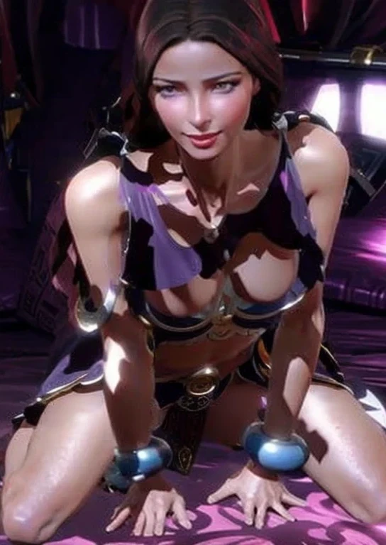 (masterpiece, best quality:1.2), POV, 1girl, solo, Aphrodite, wearing purple dress, bracelets, long hair, looking at viewer, on top, indoors background, seductive look, strading. bare legs, pelvic curtain