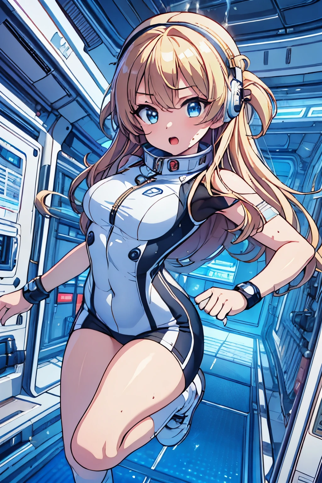 top-quality,Top image quality,in 8K,4K,​masterpiece,ultra-detailliert,Beautiful,ultra-quality, best quality,high resolution, ultra-detailed,game cg,dutch angle,(acrobatic pose):5,jumping:5,(inside spacestation,)beautiful detailed eyes,five fingers,headphone,nsfw,a beauty girl,(astrovest):5,(track uniforms),wet,(steam:1.5),Running form,open open mouth,(blonde hair),(long hair):2,Navel,space_station_interior, exercise_room, futuristic, high_technology, zero_gravity_exercise_equipment, high_resolution_landscape, sleek_design, minimalistic, 8K_resolution, game_cg_style, Dutch_angle, detailed_character, track_uniform, perfect_running_form, intense_expression, detailed_eyes, determination, steam:1.5, beauty, strength, five_fingers, visible_navel, open_mouth, ultra_quality, high_resolution, ultra_detailed,astrovest