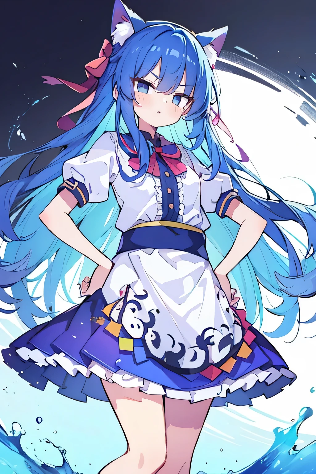 (masterpiece),best quality, expressive eyes, perfect face, 1girl,
 Put your hands on your waist,fair, Gorgeous,Japanese cartoons,girl,lola,Hina Angel, blue hair, blue haired, floating clothes,Grab your waist, Grab your waist, hands on hips , hands on hips,sit, sit on ground, Legs on the ground, flat chest,cat ears,