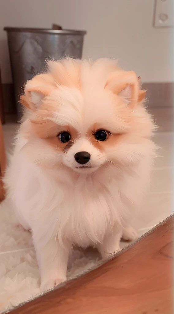 Disney Pixar film animated poster of a small male German Spitz with caramel-colored fur and a mustache that is black on one side and white on the other, e com cabelos cor de caramelo, olhos negros, muito peludo