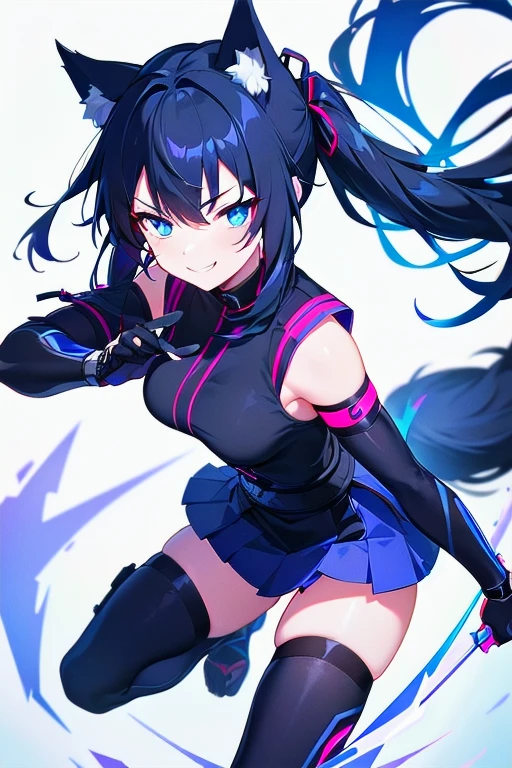 [(WHITE BACKGROUND:1.5),::5], masterpiece, best quality, extremely detailed, anime, solo, girl, skirt, wolf cut, wolf ears, wolf tail, ninja assassins, ninja cyber uniform, blue cyber neon, (black hair), blue eyes, ninja weapons, evil smile,