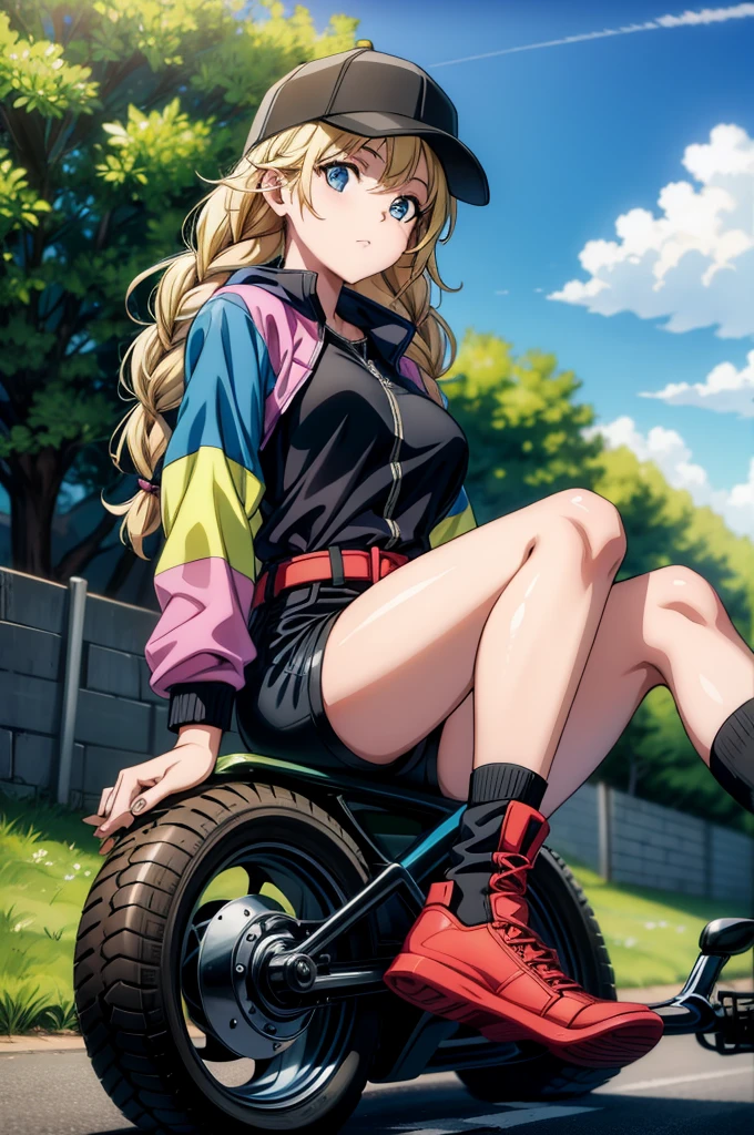 a girl on a motorcycle sitting next to a tree a female anime style character in her shorts sitting on her bike, 1girl, ground vehicle, solo, outdoors, hat, braid, blonde hair, twin braids, shorts, blue eyes, black shorts, long hair, jacket, motor vehicle, day, looking at viewer, multicolored jacket, motorcycle, shoes, sitting, breasts, tree, baseball cap, sky
