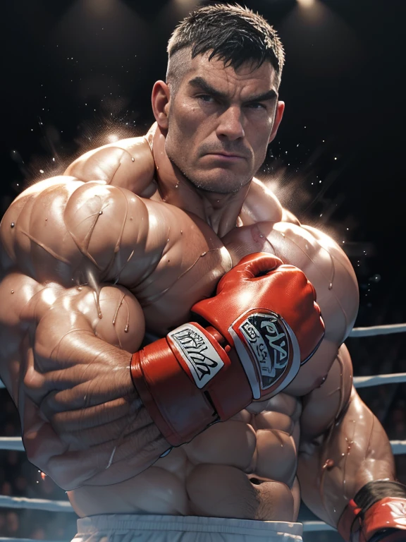 3D Photorealistic, Masterpiece realistic, best high quality, perfect details, RAW Photo, intricate details, nice lighting, 4K, detailed background, In the championship boxing match, A determined muscular boxing champion 45-year-old man, perfect wrinkle wearing pure white boxing trunk and red boxing gloves. His faces marked with grit. Crowded audiences and nice lighting, nice face lighting, serving a boxing battleground. The atmosphere of raw energy. He looks firm and powerful in professional boxing pose, as ready to start the fight, bodily fluid (bodily fluid:1.4), perfect muscle anatomy, perfect hands anatomy, visible scar on this right cheek.