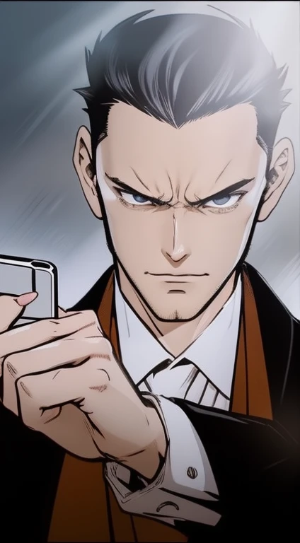 anime image of a man in a suit holding a cell phone, kentaro miura manga art style, shinkiro toshiaki mori, kentaro miura manga style, handsome guy in demon slayer art, manga style of kentaro miura, tsurumaki kazuya, inspired by Uragami Gyokudō, kazuma kaneko