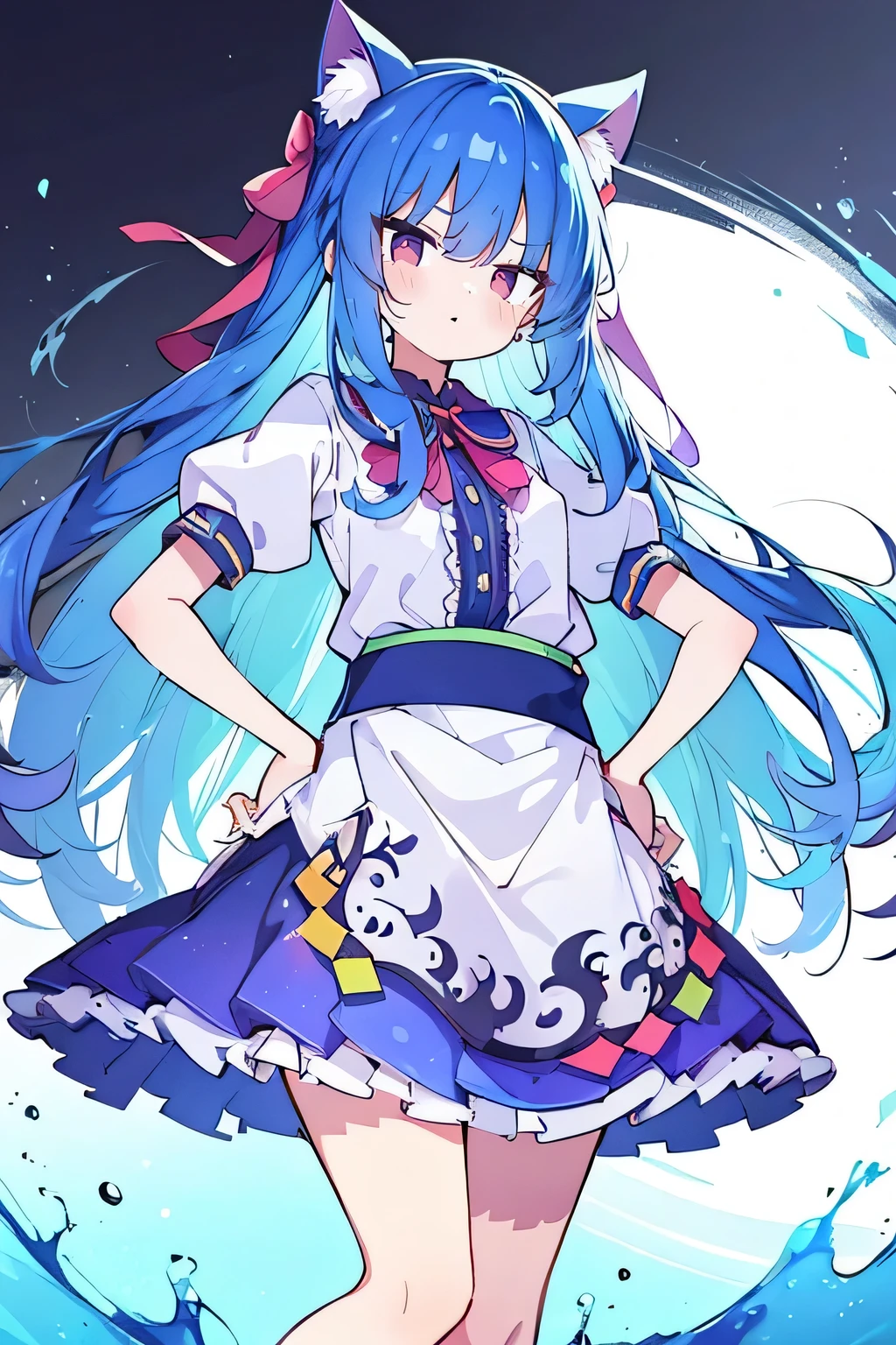 (masterpiece),best quality, expressive eyes, perfect face, 1girl,
 Put your hands on your waist,fair, Gorgeous,Japanese cartoons,girl,lola,Hina Angel, blue hair, blue haired, floating clothes,Grab your waist, Grab your waist, hands on hips , hands on hips,sit, sit on ground, Legs on the ground, flat chest,cat ears,
