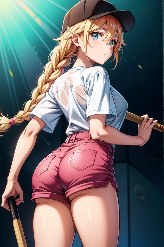 1girl, bandaged boob, ponytails , short pants, blonde hair, karate