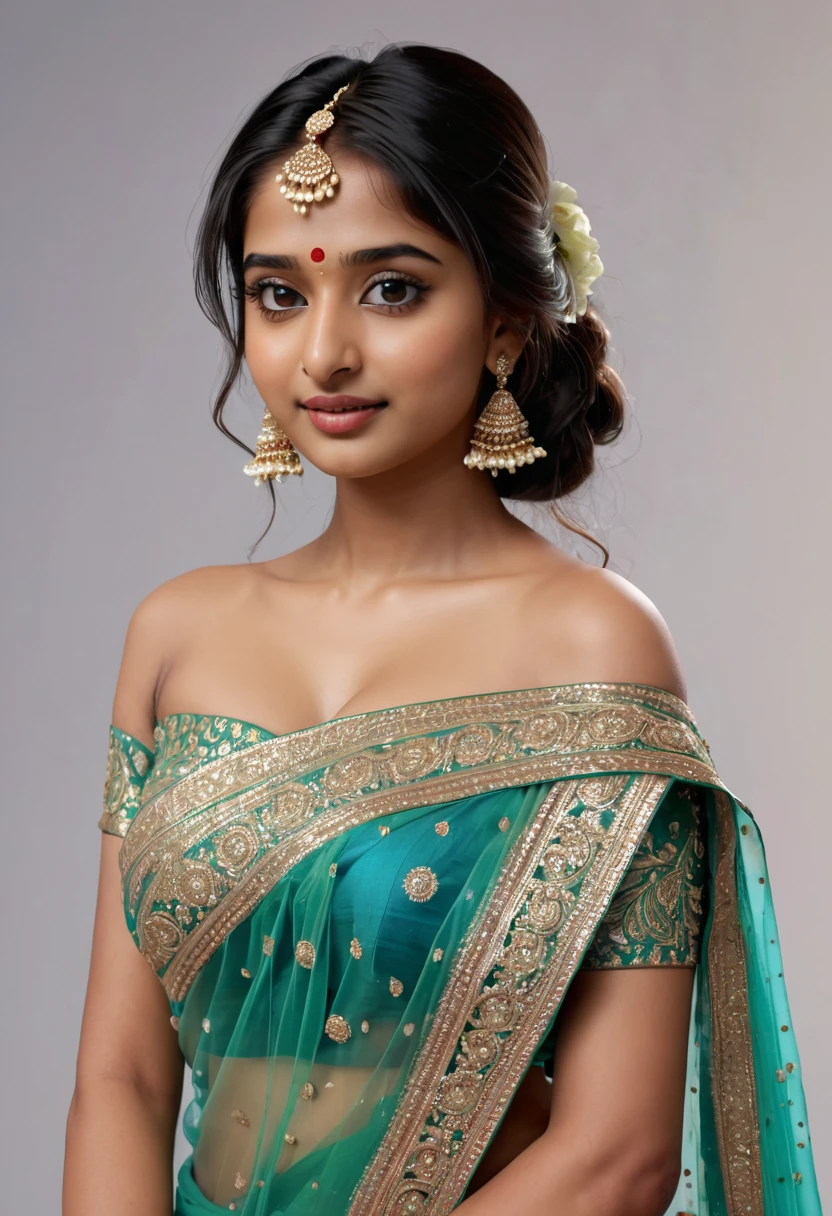 masterpiece, best quality, realistic, an Indian girl, (PureErosFace_V1:0.7),  (8k, best quality), Indian dress, full body visible in front of camera, realistic jaw drooling beauty, strapless off shoulder saree embellished transparent 