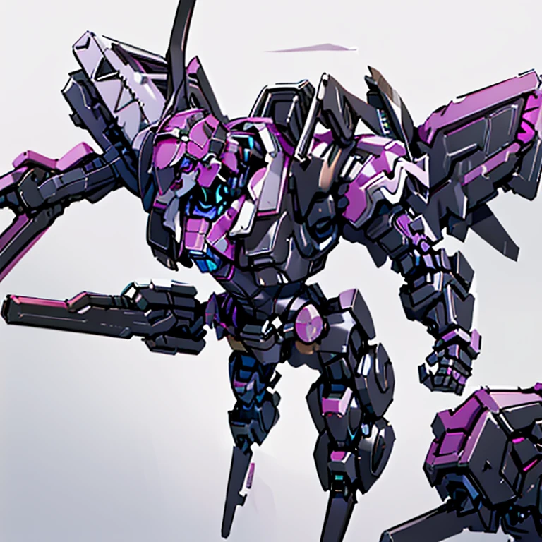 Long nose, Pale face, Big smile, Slightly spiky black hair, Basic black clothing, Dark and pink armor, Core in the center of the chest, Large neon wings, Suspended in the air, with wires holding it, Large stature, Robot