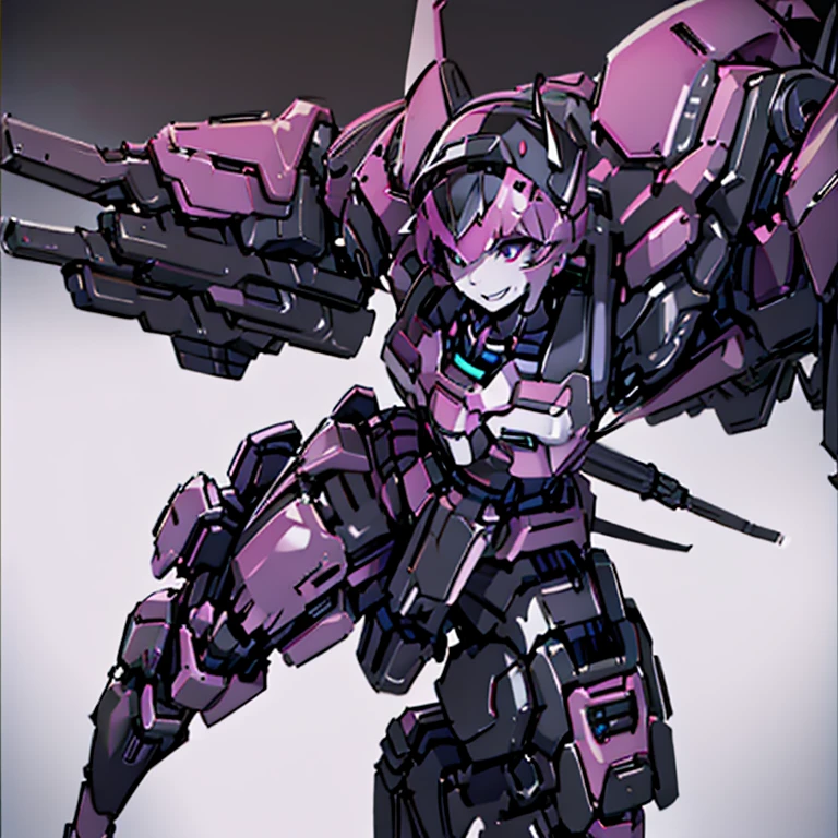 Long nose, Pale face, Big smile, Slightly spiky black hair, Basic black clothing, Dark and pink armor, Core in the center of the chest, Large neon wings, Suspended in the air, with wires holding it, Large stature, Robot