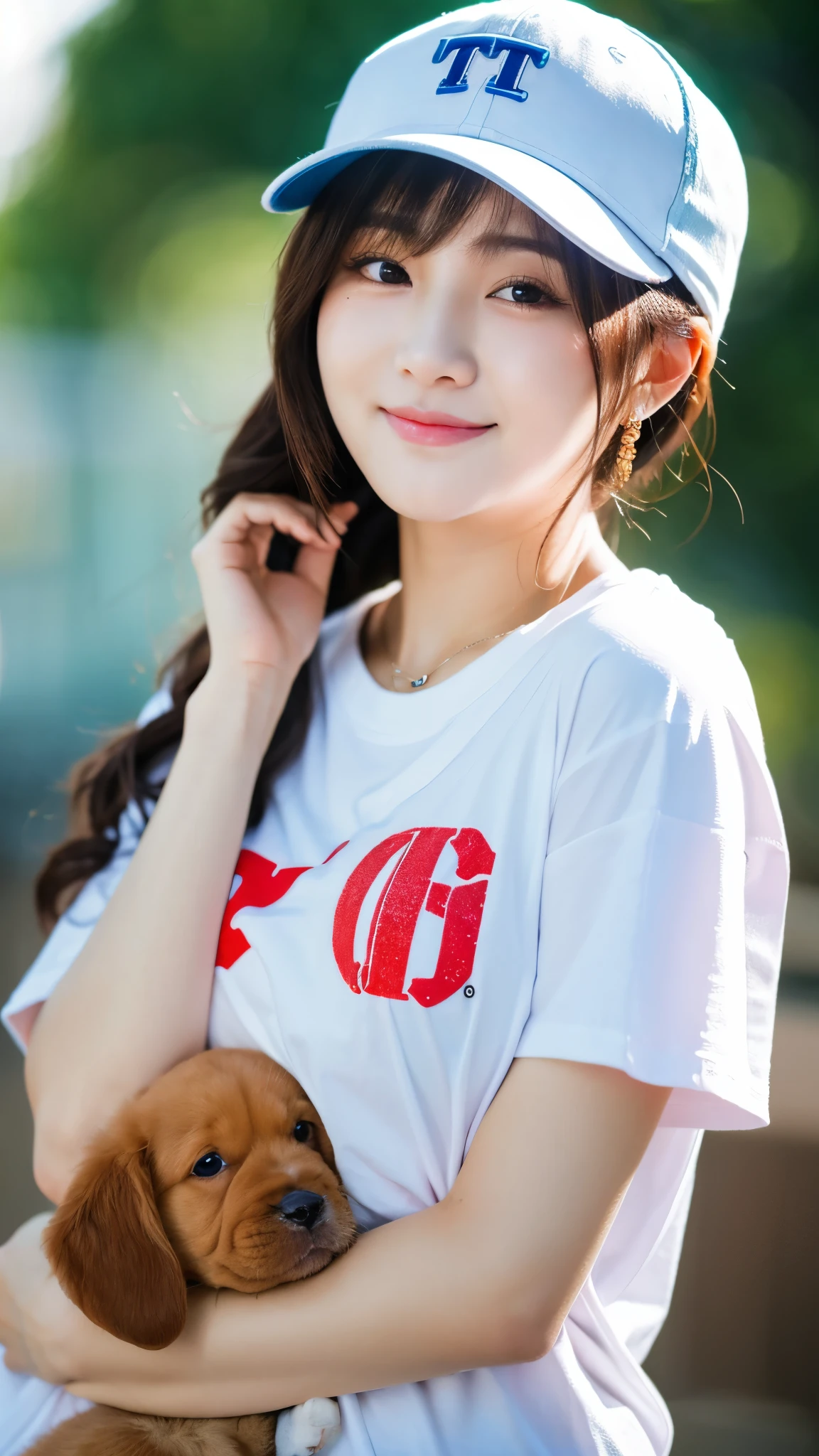 close-up, of beautiful korean female, 34 inch breasts size, wearing crop big t-shirt, cap, hugging puppy, Bokeh background