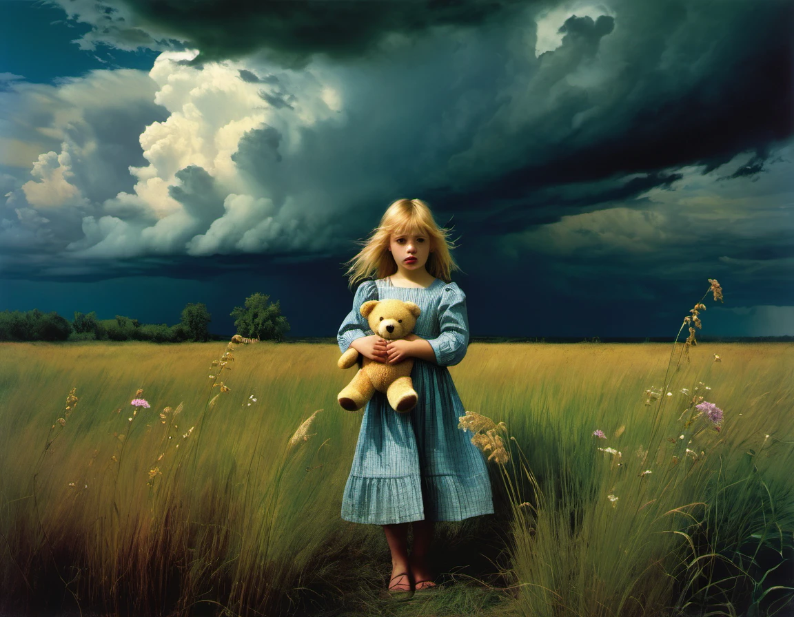 Art by Era Leisner, and Jan Saudek  full figure of a   beautiful girl with windswept blonde hair standing in a meadow holding a teddy bear, with tall grass and wild flowers. stormy clouds in the sky, Enchanting and ethereal scene.
