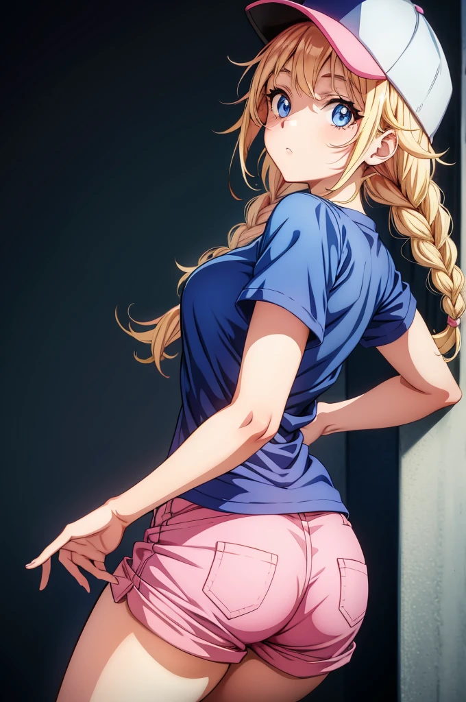 an anime lady with big  is wearing a pink shorts and blue top, 1girl, shorts, pink shorts, ass, twin braids, braid, solo, blue eyes, blonde hair, hat, baseball cap, shadow, looking back, shirt, breasts, long hair, short shorts, looking at viewer, blue shirt, short sleeves