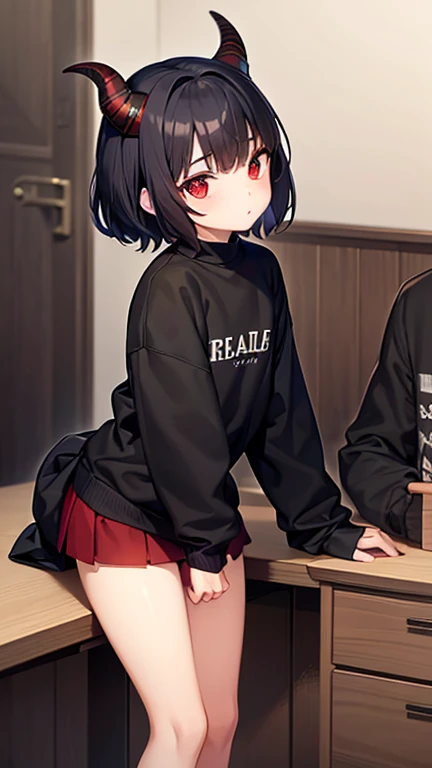 work of art, a boy and a girl, small bodies, horns, sweatshirt, the girl wears a short skirt, stockings, red eyes, black hair, the boy wears a sweatshirt, torn pants, black hair, green eyes