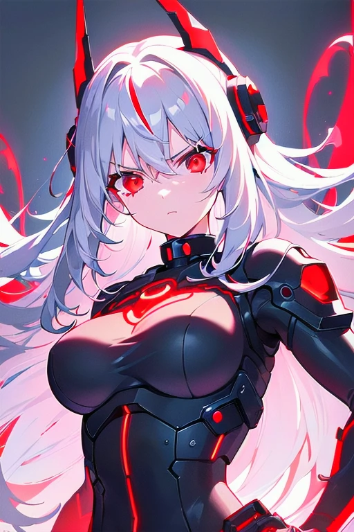 [(WHITE BACKGROUND:1.5),::5], masterpiece, best quality, extremely detailed, anime, solo, a pretty woman, girl, black cyborg, upper body, longhair, white hair, red eyes, mecha girl, cursed divinitiy, goddess, cool, (((red neon light))), (((despise))), (((Threatening Enemies))), headgear,