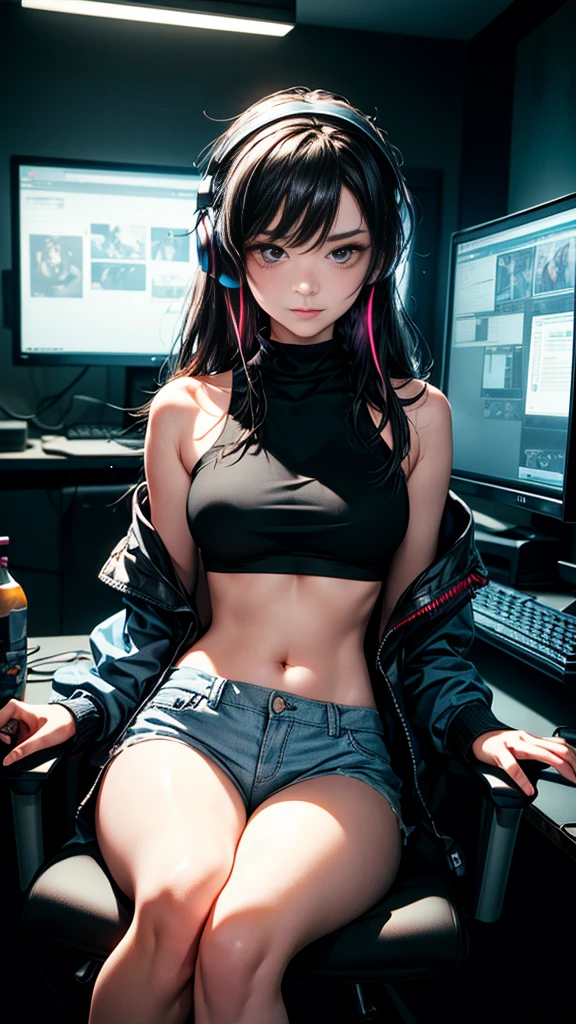 ultra-detailed, cute woman, petite stature, enormous breasts, white skin, alluring figure, black long messy hair, long upper eyelashes, eyebrows behind hair, upturned eyes, light blush, seductive smile, background((dark and messy gaming room, Server Machine, neon lights, Braces, some Computer screen, notebook)), messy paper, flight, Debris flying, writing border depth, Movie, Finished lunch box, Cup drinks, (((seated in a gaming chair))), ((sitting behind a computer)), ((Cross the feet)), (engrossed in staring at the computer screen:1.4), ((hands moving on the keyboard)), ((black RGB gaming headset)), , ((Blue jacket)), Open one shoulders, ((black short bandeau top)), ((white hot pants)), ((black thigh-high stockings)), ((screen light)), HDR, Premium shadow, Perfect painting, visual art, Perfect art, super detail, chiaroscuro, Best quality, super textured skin, super detail face, perfect face, Super fine facial details, beautiful and delicate eyes, perfect eyes, correct limbs, correct finger, super detail finger, best hair quality, best clothing quality, (((best prop quality))), ccurate, highres, super detail, masterpiece