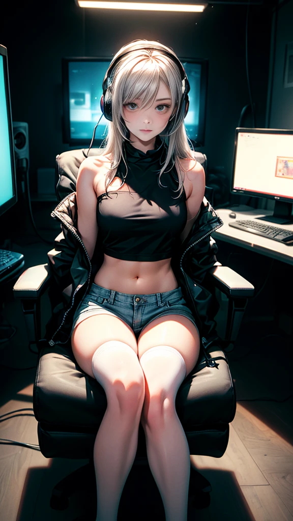 ultra-detailed, cute woman, petite stature, enormous breasts, white skin, alluring figure, black long messy hair, long upper eyelashes, eyebrows behind hair, upturned eyes, light blush, seductive smile, background((dark and messy gaming room, Server Machine, neon lights, Braces, some Computer screen, notebook)), messy paper, flight, Debris flying, writing border depth, Movie, Finished lunch box, Cup drinks, (((seated in a gaming chair))), ((sitting behind a computer)), ((Cross the feet)), (engrossed in staring at the computer screen:1.4), ((hands moving on the keyboard)), ((black RGB gaming headset)), , ((Blue jacket)), Open one shoulders, ((black short bandeau top)), ((white hot pants)), ((black thigh-high stockings)), ((screen light)), HDR, Premium shadow, Perfect painting, visual art, Perfect art, super detail, chiaroscuro, Best quality, super textured skin, super detail face, perfect face, Super fine facial details, beautiful and delicate eyes, perfect eyes, correct limbs, correct finger, super detail finger, best hair quality, best clothing quality, (((best prop quality))), ccurate, highres, super detail, masterpiece