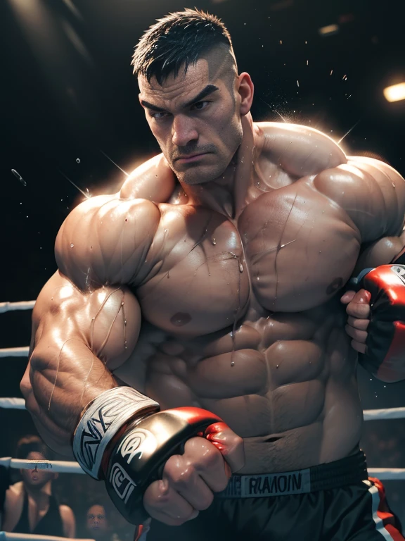 3D Photorealistic, Masterpiece realistic, best high quality, perfect details, RAW Photo, intricate details, nice lighting, 4K, detailed background, In the championship boxing match, A determined muscular boxing champion 45-year-old man, perfect wrinkle wearing pure white boxing trunk and red boxing gloves. His faces marked with grit. Crowded audiences and nice lighting, nice face lighting, serving a boxing battleground. The atmosphere of raw energy. He looks firm and powerful in professional boxing pose, as ready to start the fight, bodily fluid (bodily fluid:1.4), perfect muscle anatomy, perfect hands anatomy, visible scar on this right cheek.