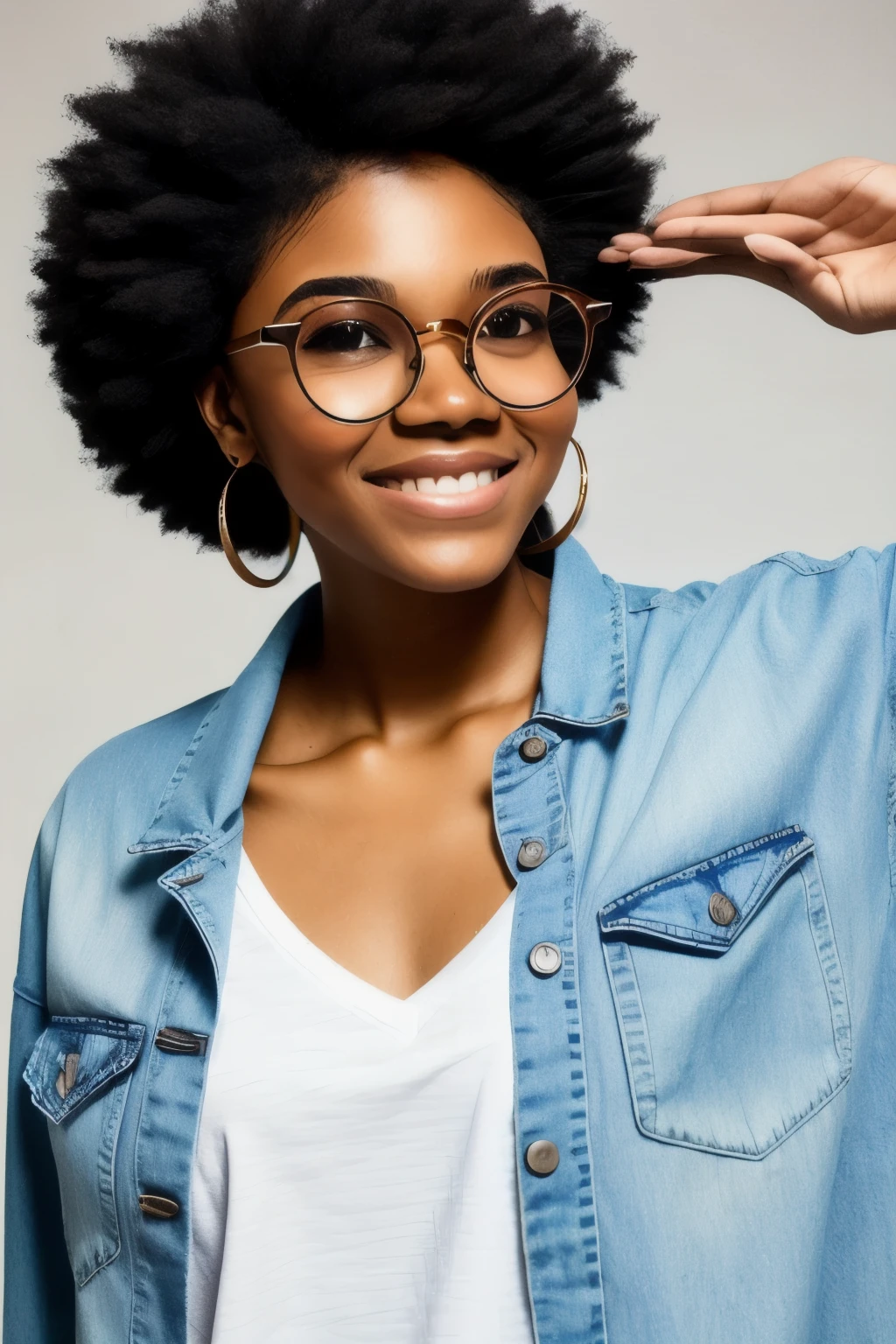 Criar uma jovem de olhos castanhos,cabelos cacheados curtos afro,and rounded glasses,com roupas de gang.