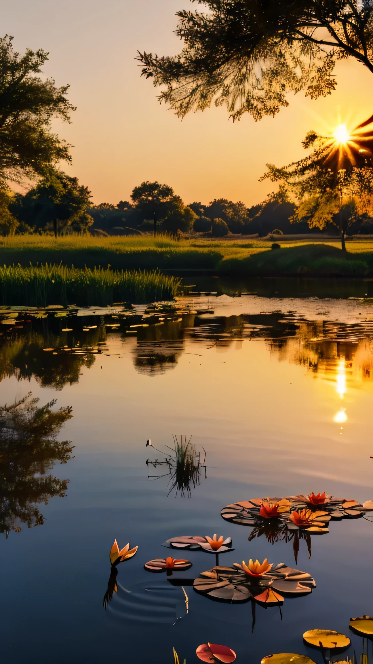 a beautiful pond in the evening, with white and red water lilies, a bird that wants to catch a fish, a beautiful sunset, reeds, very detailed, 8k quality.