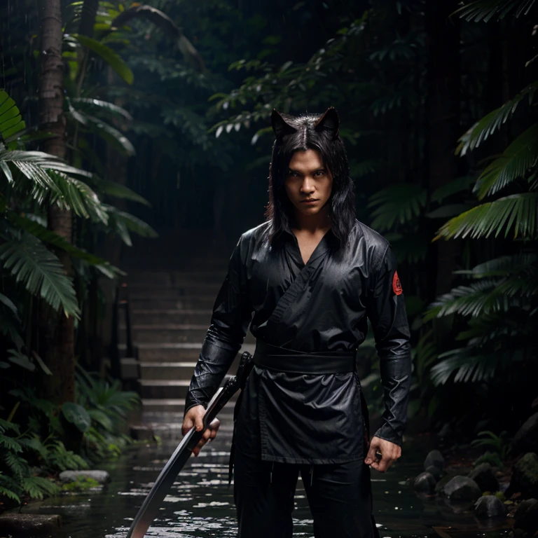 A wolf with a huge katana red eyed black wolf wearing ninga suits holding a dark magic lam in his right hand with rain forest background