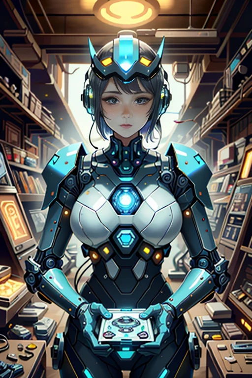 (best quality,4k,8k,highres,masterpiece:1.37), ultra-detailed, (realistic,photorealistic,photo-realistic:1.37), (aerial view), (top down perspective), 1woman, (a woman pulling a video game cartridge out of a futuristic artifact box full of retro video game cartridges:1.6), (the woman is looking at the box:1.4), (Futuristic artifact box), (the artifact box is open), (The scene unfolds inside a mystical cavern:1.4), joints, mecha, (The woman is wearing a mecha exoskeleton made with blue glass details, covering her entire body:1.5), (She has a blue glass helmet visor:1.4), (dynamic angle:1.37), reelmech, mechanical parts, fractal_body, (The woman's hair is made of fractal technologic components:1.4), (She has short blonde hair:1.37), (fantasy and sci-fi mixed:1.37), holographic glitch effects floats around the woman, vibrant colors, (A blue glow emanates from inside the treasure chest), glowing lights, (abandoned machinery), (there are video game cartridges and consoles on the background), mystical creatures, (there are crystal formations spreading on the background), (futuristic technology), (ancient artifacts), mystical energy, vibrant retro aesthetic, atmospheric lighting, ancient ruins, mysterious symbols, lush vegetation, interdimensional portals, nostalgic atmosphere, epic adventure, delightful surprises