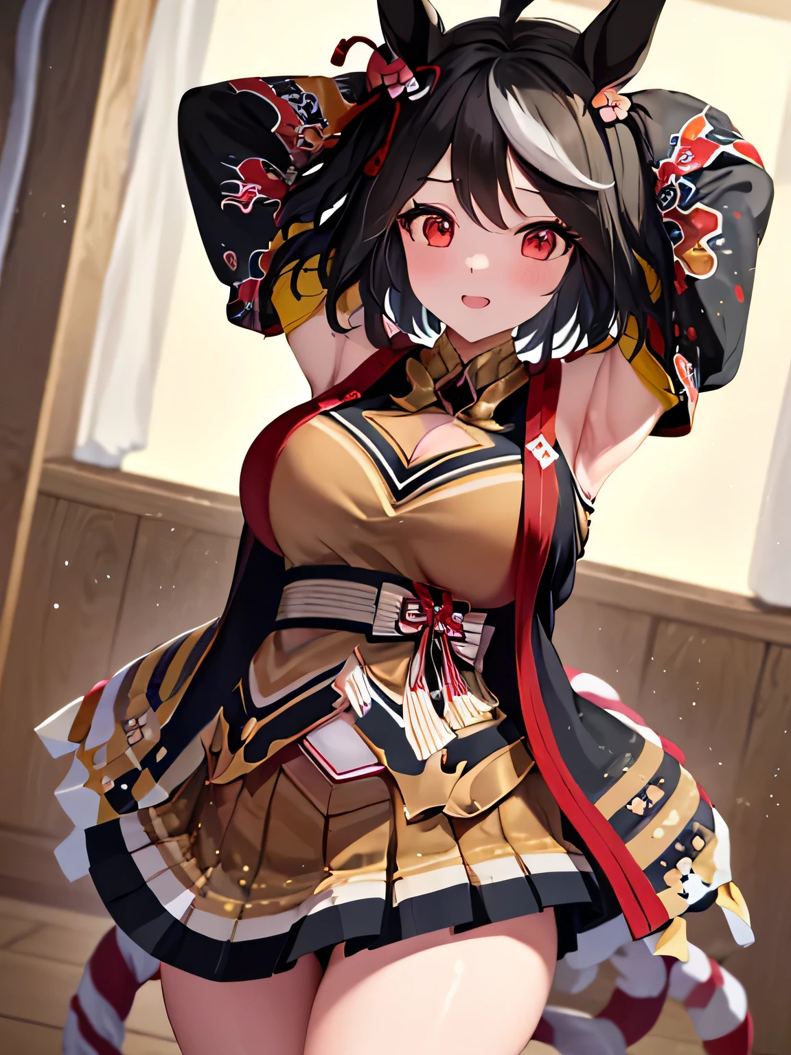 1 girl、{kitasan black,Umamusume,red eyes, horse ears, Uma Musume, horse tail, black hair, short hair, messy hair, wavy hair, smile}, Kyoto animation style, {Upper body}, {outstretched arm}, {Sweat}, handsome figure, woman, very beautiful detailed anime face and eyes, ^ ^, big breasts, wallpaper 8k CG, very detailed, 4k,side、Arms behind head pose、side、Stay in a Japanese-style room