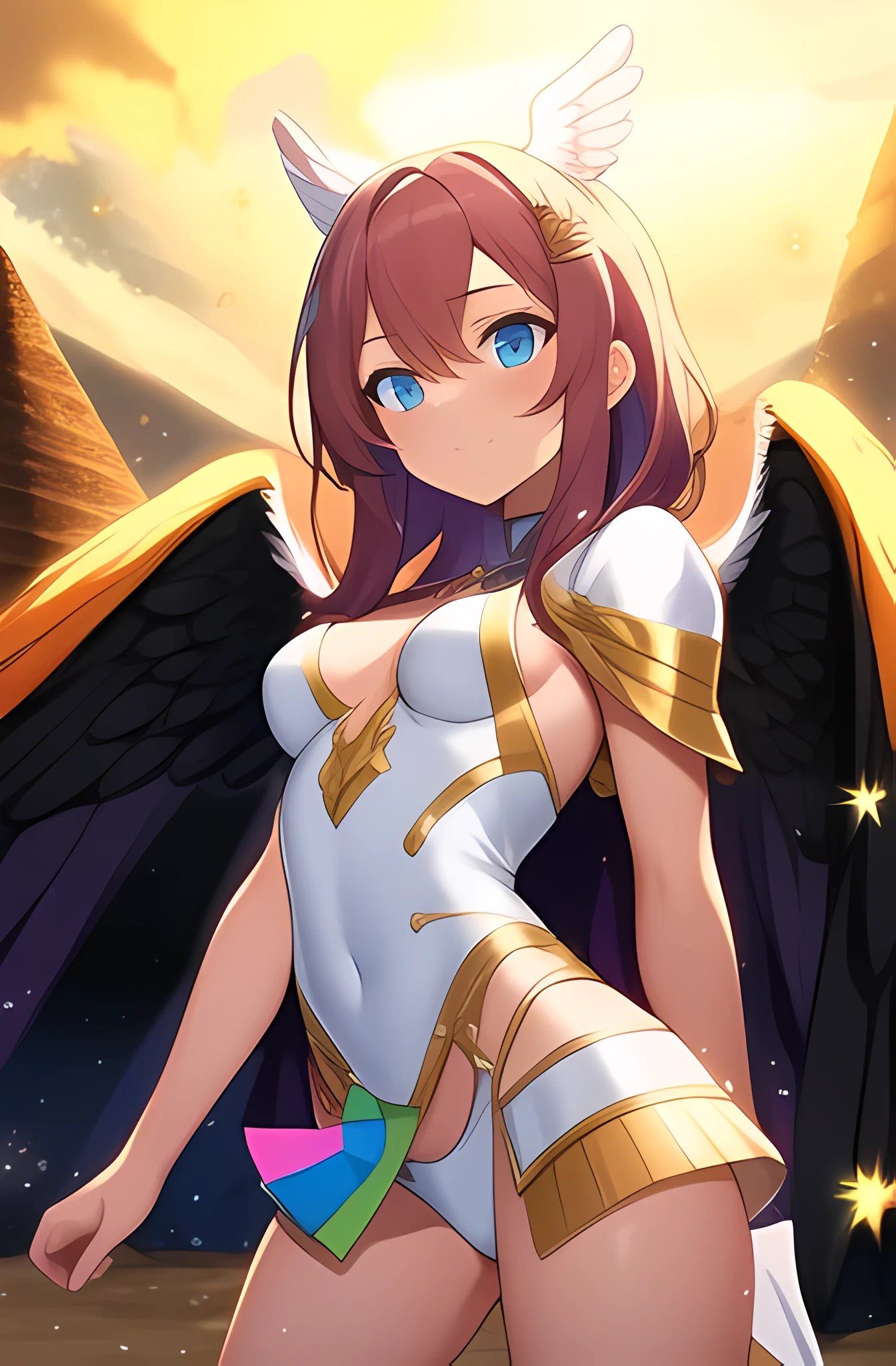 A young woman, light brown skin, very dark pink hair, light blue eyes, small breasts, with a pretty face, wearing a white cape, in a desert, with a pyramid behind her, with huge rainbows in the night, bare legs, with a loose white outfit, in a very strong sandstorm, shining eyes, with giant wings with bright white feathers, angel wings, a golden