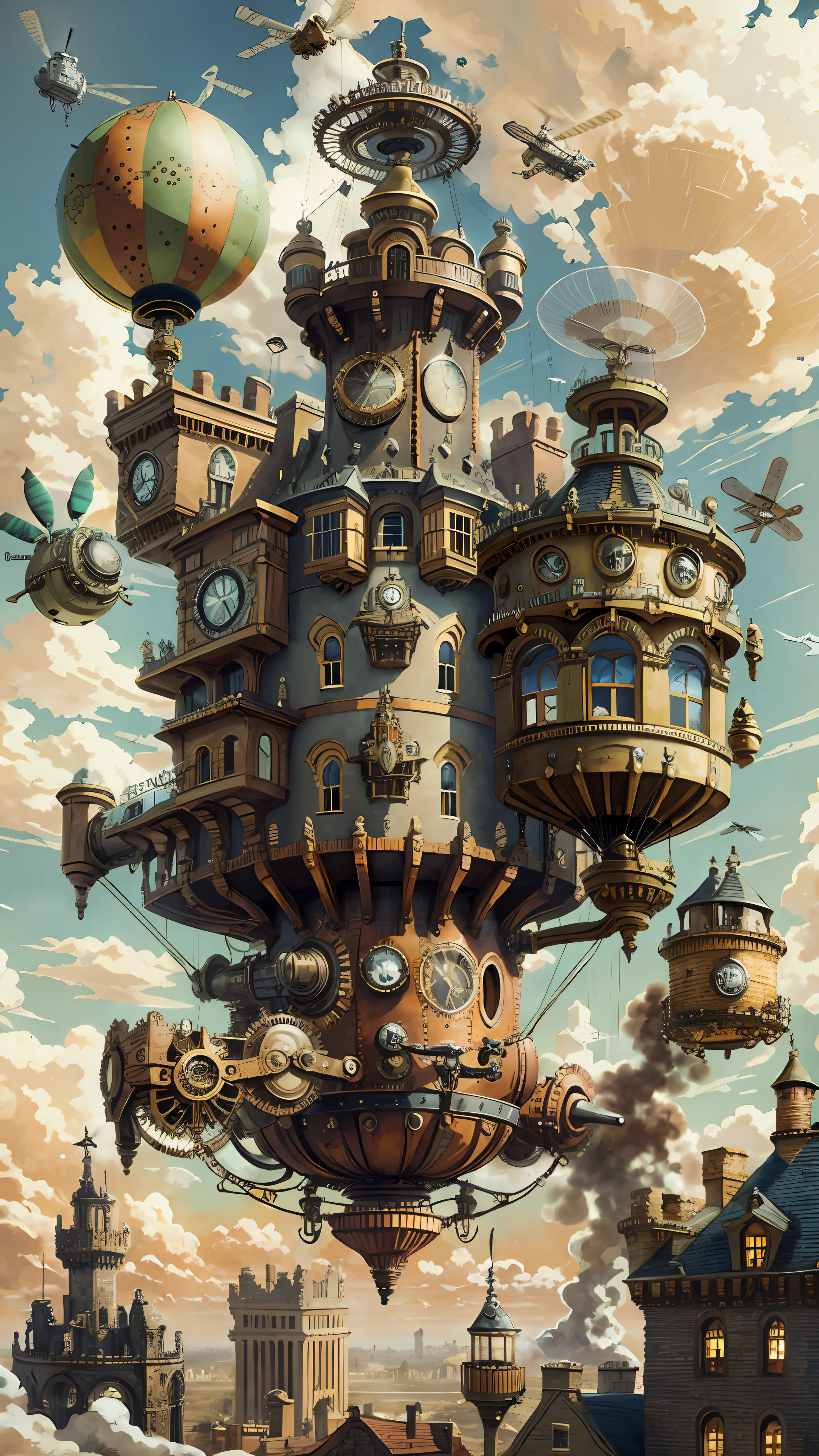SteamPunkAI, Cogpunk helicopter, city castle, steampunk