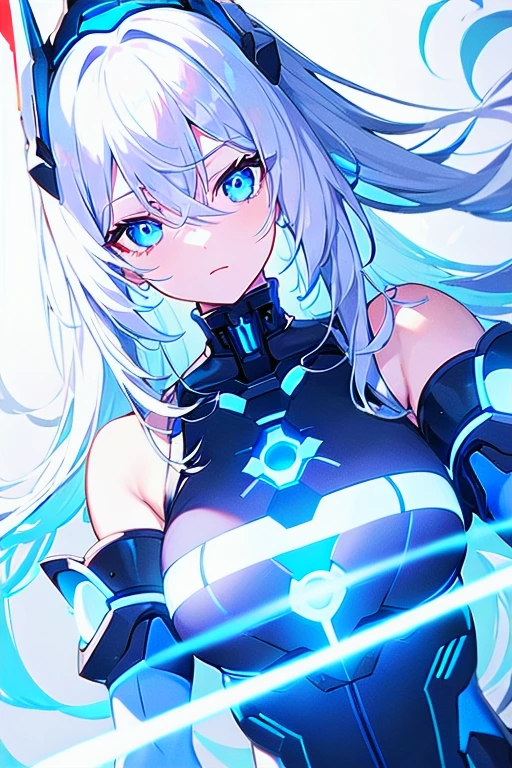 [(WHITE BACKGROUND:1.5),::5], masterpiece, best quality, extremely detailed, anime, solo, upper body, a pretty woman, girl, black cyborg, longhair, silver white hair, blue eyes, blue neon light, mecha girl, cursed divinitiy, goddess, cool, (((hair covering one eye))), headgear