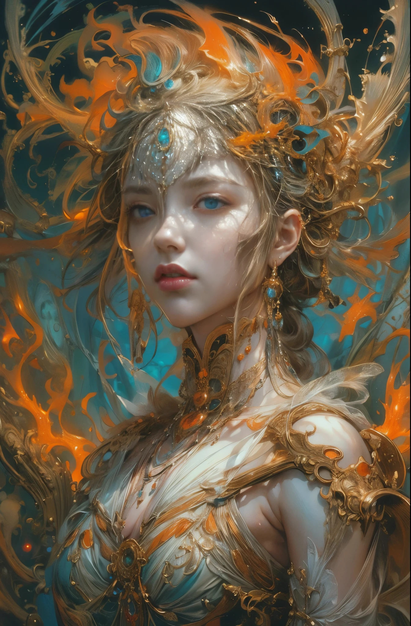 orange tone, spirit of flame, burning flame, goddess of fire, Raging flames, Raging flames, 4K fantasy art, Written by Gene Jay., fantasy art style, 2. 5D CGI Anime Fantasy Artwork, epic fantasy art style hd, Epic fantasy digital art style, detailed fantasy art, Detailed digital 2D fantasy art, Luan Jia and Artgerm, 8K fantasy art, sharp outline, very fine and beautiful eyes, Beautiful and delicate blue eyes, pretty much beautiful face, unparalleled beauty, masterpiece, highest quality, perfect angle, perfect composition, best shot, official art, cinematic light, very beautiful and fantastic scenery, chivalry dream, sense of presence, Michael&#39;S letter, Christoph Huge 、Ultra-precision coating, Luminousism, art by Carne Griffiths and What a bone concept art, 4K resolution, Fractal isometricdetailed bioluminescence , 3D rendering, octane rendering, intricately detailed , cinematic, Trending isometric surreal cover photos、art station&#39;amazing full color, handwritten, Defining a hit , cinematic,amazing background, abstract beauty,stand, approaching perfection, pure form, golden ratio, minimalistic, unfinished, concept art, Written by Brian Froud、khan griffith、What a bone、john william waterhouse, intricate details, 8K post production, High resolution, hyper detail, art stationのトレンド, studio photography, intricate details, Extremely delicate and detailed painting style, Beautiful painting art, greg latkowski, close, women only