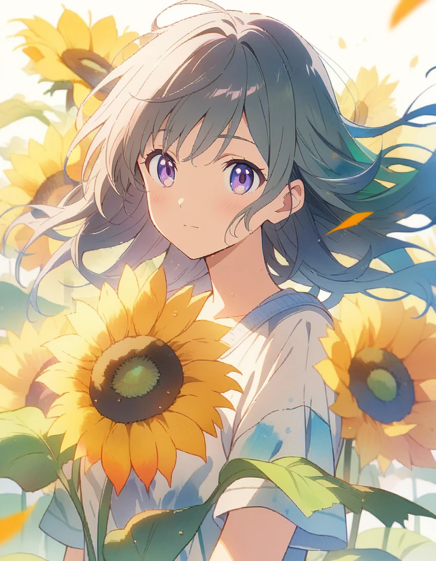 1girl, sunflowers, poppies, loose watercolor, soft strokes, bright colors, clean background, high resolution . (masterpiece), (best quality), (ultra-detailed), very aesthetic, illustration, disheveled hair, perfect composition, moist skin, intricate details, anime artwork, anime style, visual, vibrant, studio anime, highly detailed, aesthetic