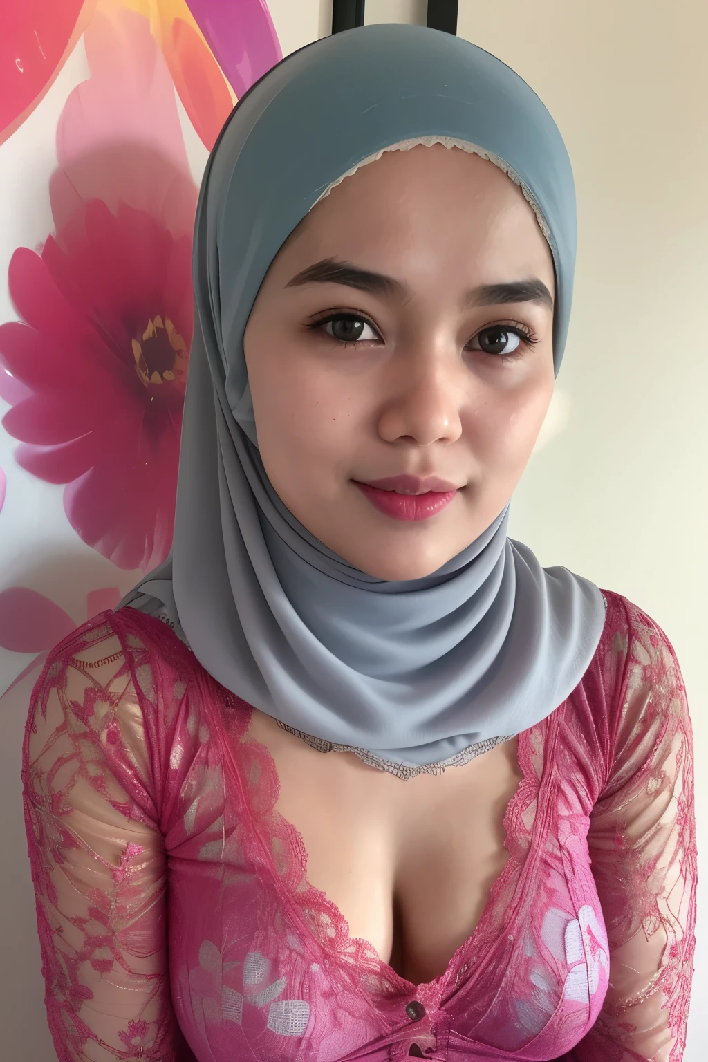 a beautiful Malay lady with a hijab , nudist, topless, bottomless, in an elegant style. Big smiling, making a mini love sign, selfie, big boob