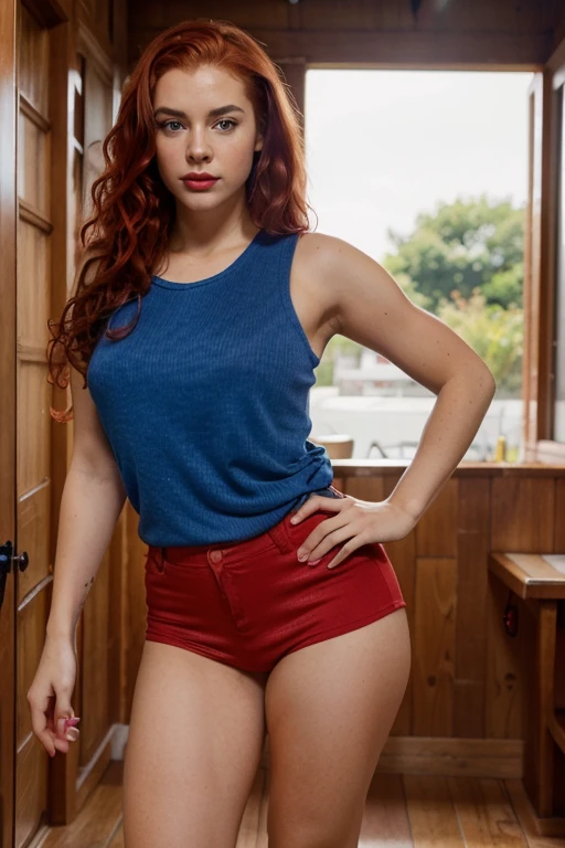 Photo of a young girl, blue eyes, thin eyebrows, no freckles, big red lips, beautiful, full body, playful, Danish and Spanish mixed race, full-body shot, curly red to crimson gradient hair, red hair roots, very tall and athletic, curvy, casual clothing,  looking directly at the camera,  