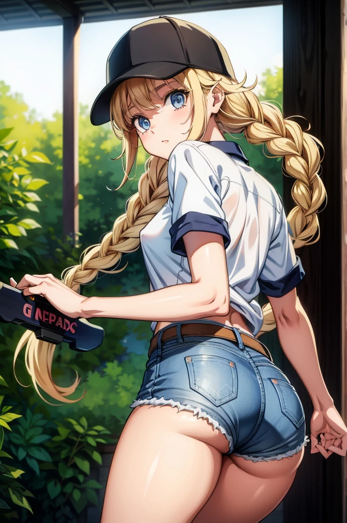 pretty cartoon blonde teenage girl in shorts riding on a skateboard and wearing a baseball cap, 1girl, shorts, solo, ass, twin braids, braid, hat, blue eyes, breasts, blonde hair, long hair, looking back, shirt, baseball cap, looking at viewer, denim, covered nipples, short shorts, short sleeves, black headwear, thighs, bangs, denim shorts