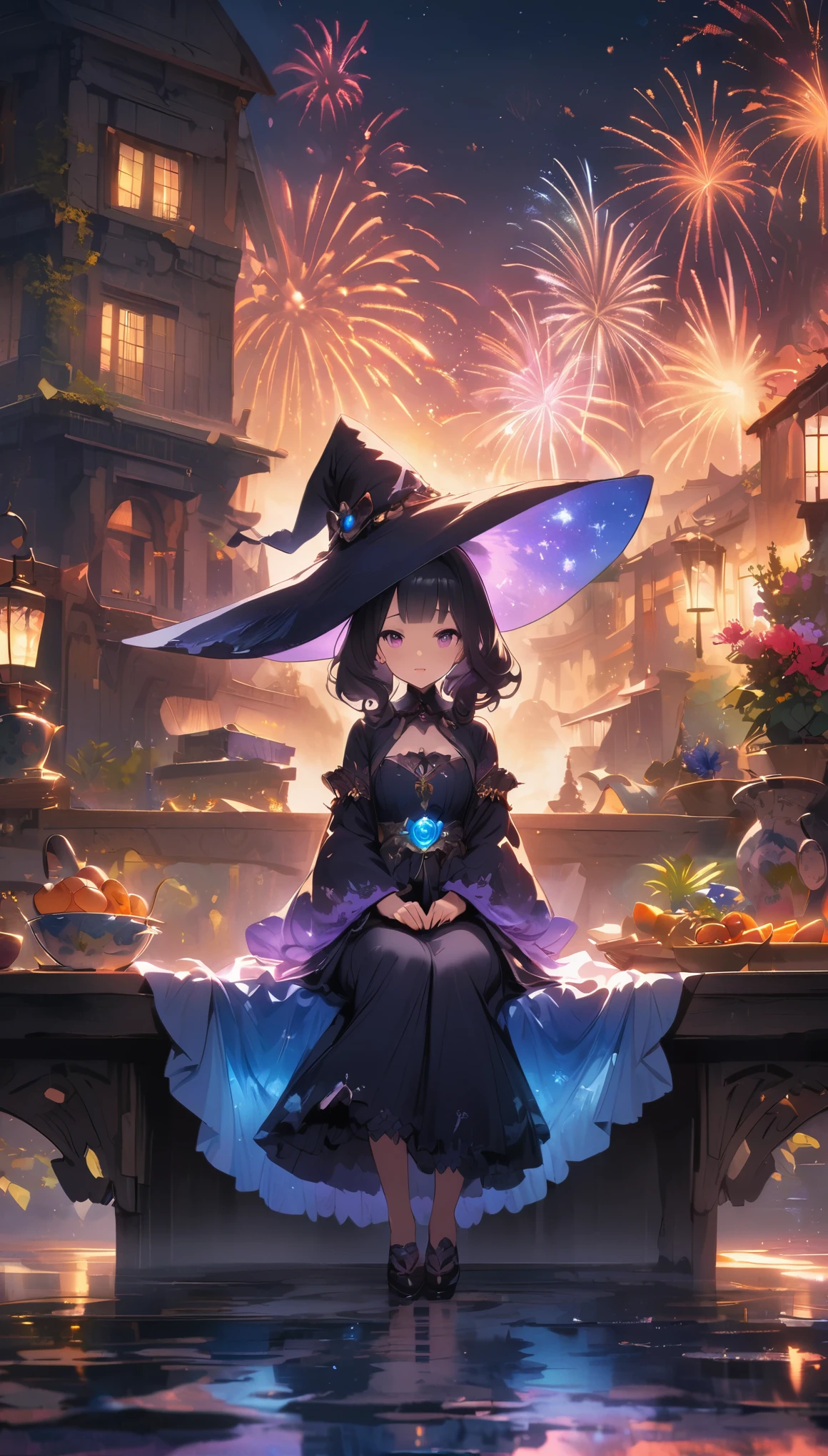 Vision, Onmyoji, witch hat, curls, blue skirt, Kneeling and sitting on white glass surface, Fireworks background, Starting from the night of the ark, Japanese anime fantasy illustrations, Anime Art Wallpaper