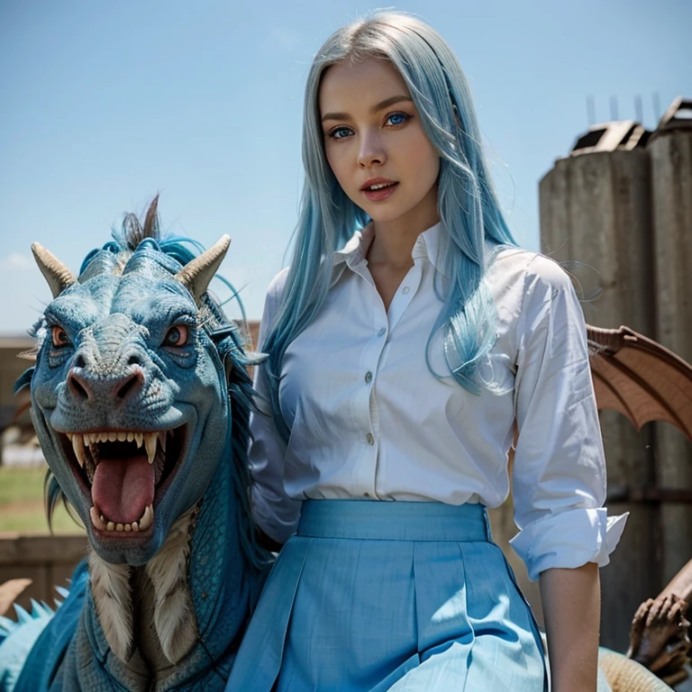 A beautiful lady with blue eyes and sky blue hairs white open button shirt and skirt riding on a dragon with huge teeths and wing red eyed truly dangerous horryfiying rided by a lady