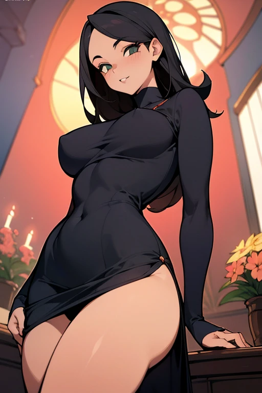 Garota linda de cabelo bob curto preto linda, com olhos azuis e maquiagem linda, pose sensual com vestido preto elegante lindo, corpo esbelto com curvas magnificas, art estilo RizzDraws
