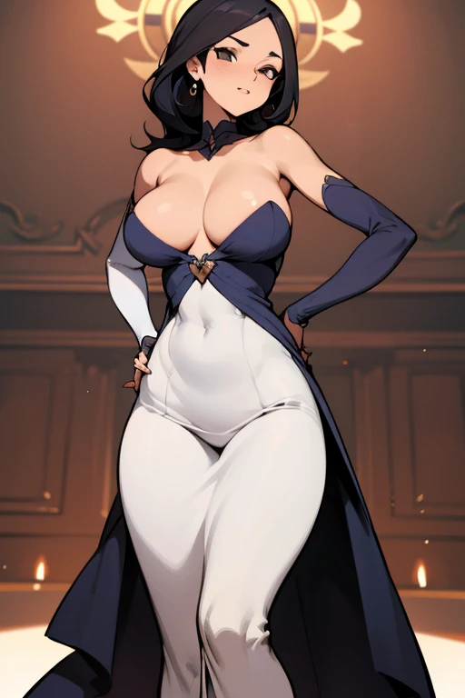 Garota linda de cabelo bob curto preto linda, com olhos azuis e maquiagem linda, pose sensual com vestido preto elegante lindo, corpo esbelto com curvas magnificas, art estilo RizzDraws