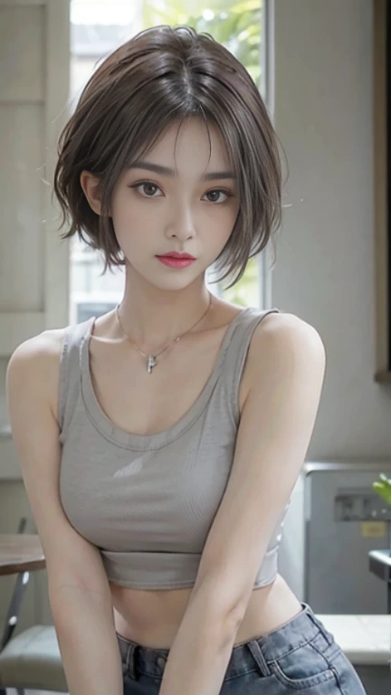 Masterpiece,Top quality,1girl,Japanese tattoos on both arms,Beautiful skin,((gray hair:1.2)),short hair,necklace,(wearing tank top top)),super realistic,real texture,shining eyes,beautiful woman,realistic face,cafe background,eye shadow,eye line,realistic eyes,she is sexy and sensual,((upper body shot)),denim hot pants,forward facing,mid tits,.