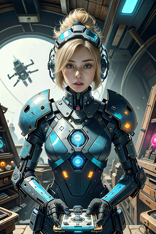 (best quality,4k,8k,highres,masterpiece:1.37), ultra-detailed, (realistic,photorealistic,photo-realistic:1.37), (aerial view), (top down perspective), 1woman, (a woman pulling a video game cartridge out of a futuristic artifact box full of retro video game cartridges:1.6), (the woman is looking at the box:1.4), (Futuristic artifact box), (the artifact box is open), (The scene unfolds inside a mystical cavern:1.4), joints, mecha, (The woman is wearing a mecha exoskeleton made with blue glass details, covering her entire body:1.5), (She has a blue glass helmet visor:1.4), (dynamic angle:1.37), reelmech, mechanical parts, fractal_body, (The woman's hair is made of fractal technologic components:1.4), (She has short blonde hair:1.37), (fantasy and sci-fi mixed:1.37), holographic glitch effects floats around the woman, vibrant colors, (A blue glow emanates from inside the treasure chest), glowing lights, (abandoned machinery), (there are video game cartridges and consoles on the background), mystical creatures, (there are crystal formations spreading on the background), (futuristic technology), (ancient artifacts), mystical energy, vibrant retro aesthetic, atmospheric lighting, ancient ruins, mysterious symbols, lush vegetation, interdimensional portals, nostalgic atmosphere, epic adventure, delightful surprises